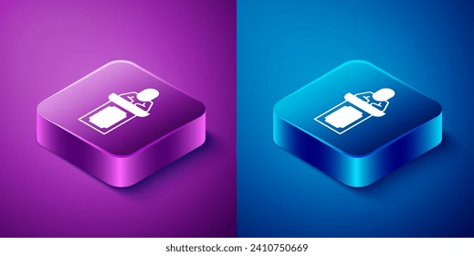 Isometric Auction auctioneer sells icon isolated on blue and purple background. Auction business, bid and sale. Square button. Vector