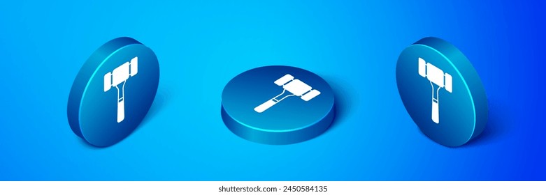 Isometric Auction hammer icon isolated on blue background. Gavel - hammer of judge or auctioneer. Bidding process, deal done. Auction bidding. Blue circle button. Vector