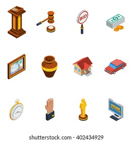 Isometric auction isolated icon set with different elements of bid process vector illustration