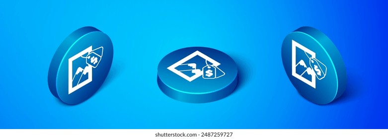 Isometric Auction painting icon isolated on blue background. Auction bidding. Sale and buyers. Blue circle button. Vector