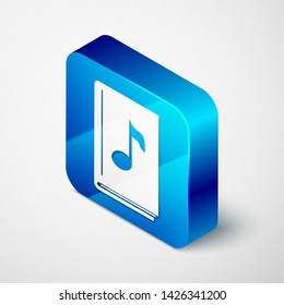 Isometric Audio book icon isolated on white background. Musical note with book. Audio guide sign. Online learning concept. Blue square button. Vector Illustration