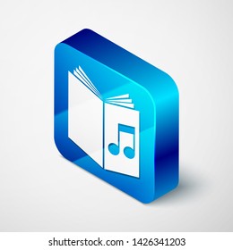 Isometric Audio book icon isolated on white background. Musical note with book. Audio guide sign. Online learning concept. Blue square button. Vector Illustration