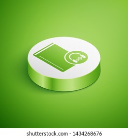 Isometric Audio book icon isolated on green background. Book with headphones. Audio guide sign. Online learning concept. White circle button. Vector Illustration