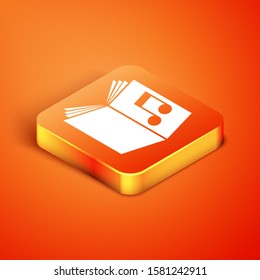 Isometric Audio book icon isolated on orange background. Musical note with book. Audio guide sign. Online learning concept.  Vector Illustration
