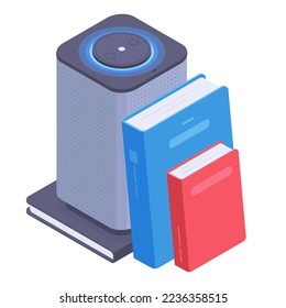 Isometric audio books app. Smart speaker online library, mobile books, entertainment and education concept, 3d vector illustration on white background