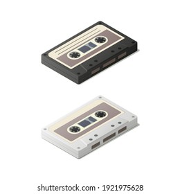 Isometric audio cassette set. Vector illustration. Music listening. Isolated on white background.