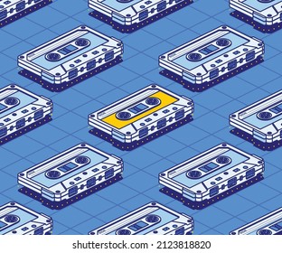 Isometric Audio Cassette Tape Seamless Pattern. Vector Illustration. Outline Music Concept. Retro Electronic Audio Device. Concept 80s and 90s.