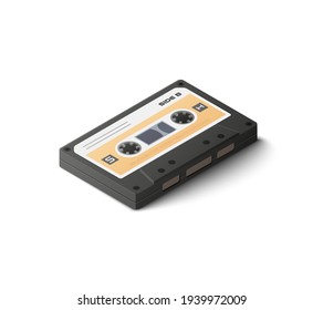 Isometric audio compact cassette. Colored vector illustration. Music listening. Isolated on white background.