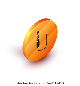 Isometric Audio jack icon isolated on white background. Audio cable for connection sound equipment. Plug wire. Musical instrument. Orange circle button. Vector Illustration