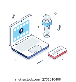Isometrische Audioaufnahme-Setup-Illustration mit Laptop und Mikrofon
