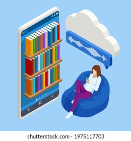 Isometric Audiobooks concept. Listening to e-books in audio format. Books online. Online training banner