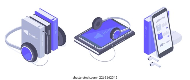 Isometric audiobooks concept. Online mobile library books with headphones, reading and e-learning 3d flat vector illustration set