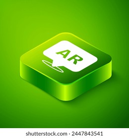 Isometric Augmented reality AR icon isolated on green background. Virtual futuristic wearable devices. Green square button. Vector