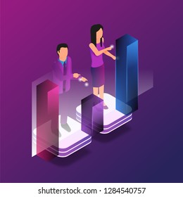 Isometric Augmented Reality for Finance Analytic. Vector Illustration Man and Woman Broker are Working Analytics Business Graph Finance Graph. Stock Trading in Online Financial Market