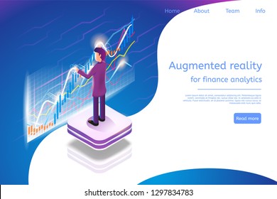 Isometric Augmented Reality for Finance Analytics. Vector Banner Illustration Man Broker are Working Analytics Business Graph Finance Graph. Stock Trading in Online Financial Market