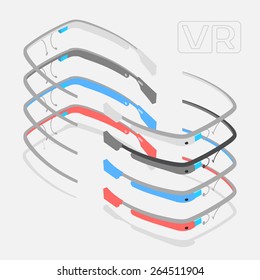 Isometric augmented reality glasses of different colors. The objects are isolated against the white background and shown from different sides 