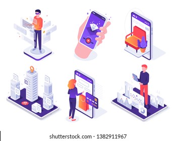 Isometric augmented reality smartphone. Mobile AR platform, virtual game and smartphones 3d navigation vector concept illustration set