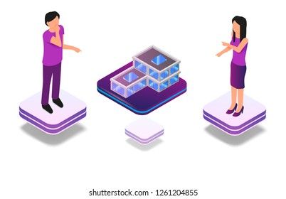 Isometric Augmented Virtual Reality for Architect. Vector Illustration Man and Woman are Designing Small House Structure. Group Architect Engineers Use Virtual Projection Building to Work Project