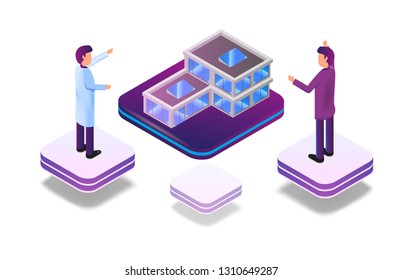 Isometric Augmented Virtual Reality for Architect. Vector Illustration Two Men are Designing Small House Structure. Group Architect Engineers Use virtual projection building to Work Project