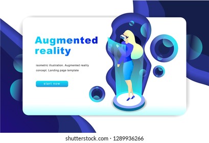 Isometric augmented virtual reality concept. Website Template. Woman