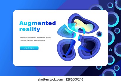 Isometric augmented virtual reality concept. Website Template. Woman