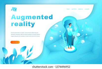 Isometric augmented virtual reality concept illustration. Website Template. Woman and man