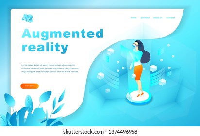 Isometric augmented virtual reality concept illustration. Website Template. Woman and man
