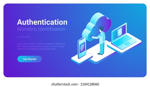 Isometric Authentication Biometric identification vector illustration. Man touches screen to get access to Cloud data by fingerprint.