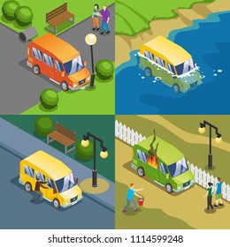 Isometric auto insurance cases concept with car crash accidents and theft isolated vector illustration