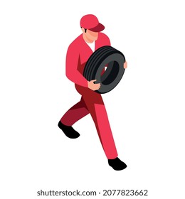 Composición isométrica de reparación automática con el carácter de hombre de mano que camina con rueda en el fondo de la ilustración vectorial en blanco