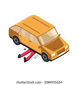 Isometric auto repair composition with isolated image of clients car and legs of serviceman on blank background vector illustration