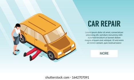 Isometric auto repair horizontal banner with clickable button editable text and character of worker under car vector illustration