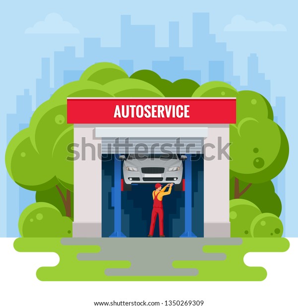 Isometric auto repair\
service station. Workers in car service tire service and car repair\
vector illustration