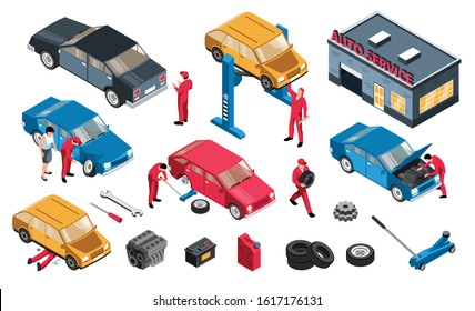 Isometric auto repair set with isolated icons of car parts tools and workers on blank background vector illustration