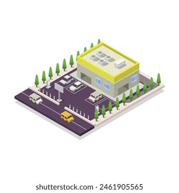 Isometric auto service building illustrated on white background