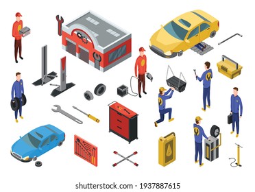 Isometric Auto Service. Car Service Top View Concept With Workers Repairing. Element To Repair Vehicle Repair Service. People Technics And Building