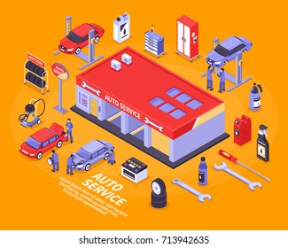 Isometric auto service center and various tools for repairing vehicles concept isolated on bright orange background 3d vector illustration