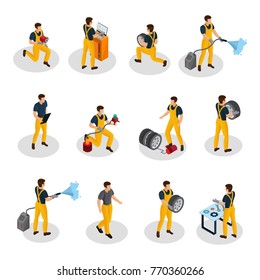 Isometric auto service people set with car painting diagnostic washing and tire changing procedures isolated vector illustration