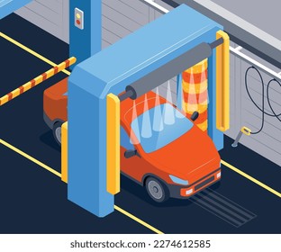 Isometric automated car wash composition with indoor view of car being cleaned by streams of water vector illustration