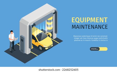 Isometric automated car wash horizontal banner with editable text slider more button and car under shower vector illustration