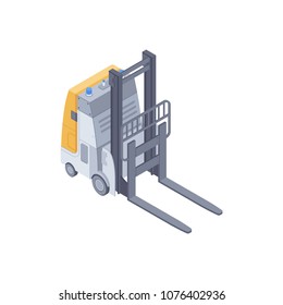 Isometric automated electric forklift. Smart forklift for lifting and moving pallets within a warehouse. Design for landing page of modern logistics center. Vector 3d illustration on white background.