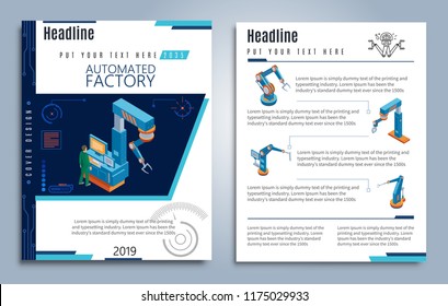 Isometric automated factory brochures with operator and different industrial mechanical robotic arms vector illustration Isometric automated factory brochures with operator and different industrial mechanical robotic arms vector illustration