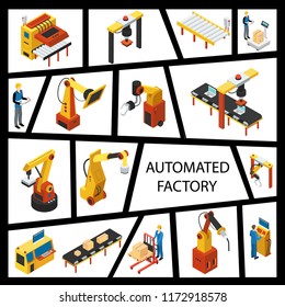 Isometric automated factory elements concept with operators engineers assembly and packaging lines industrial robotic mechanical arms vector illustration
