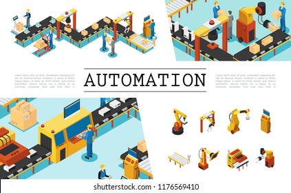 Isometric automated factory elements set with industrial assembly and packaging lines operators mechanical robotic arms vector illustration