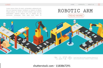 Isometric automated factory web page template with industrial assembly conveyor belt mechanical robotic arms and operators monitoring working process vector illustration