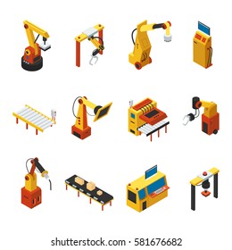 Isometric automated machines set with industrial robotic arms computer management automatic assembly line and manufacturing robots isolated vector illustration