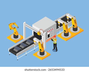 Processo de Fabricação Automatizada Isométrica com Braços Robóticos e Sistema Transportador Ilustração vetorial 3D