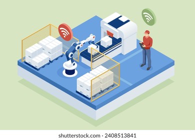 Isometric Automated Packaging and Distribution System. Automated warehouse. Autonomous robot transportation in warehouses