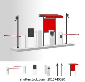 Isometric automated parking system, Parking-payment-station, access control concept. unmanned parking machines and barrier gate arm operators are installed at the entrance. that can manage parking lot