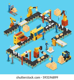 Isometric Automated Production Line Concept With People Robotic Arms And Industrial Automatic Manufacturing Process Vector Illustration